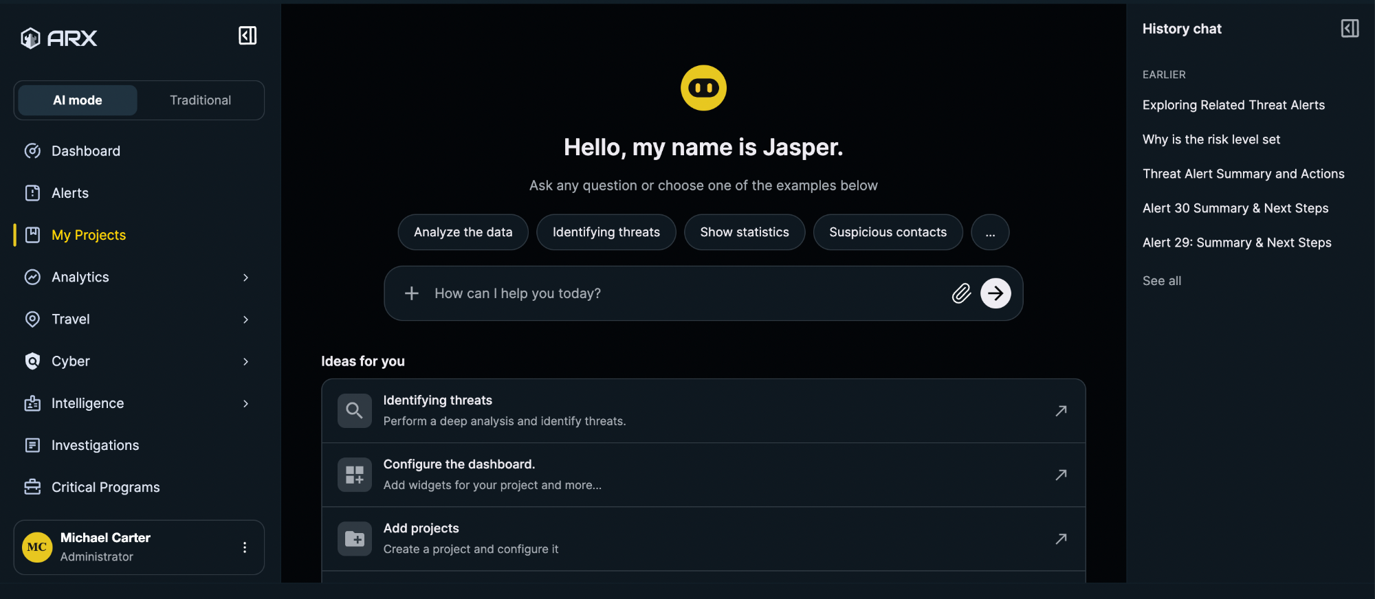 ARX in AI mode: Jasper greets the analyst with suggested prompts — analyze the data, identify threats, show statistics, suspicious contacts — next to a chat history of earlier threat alert summaries