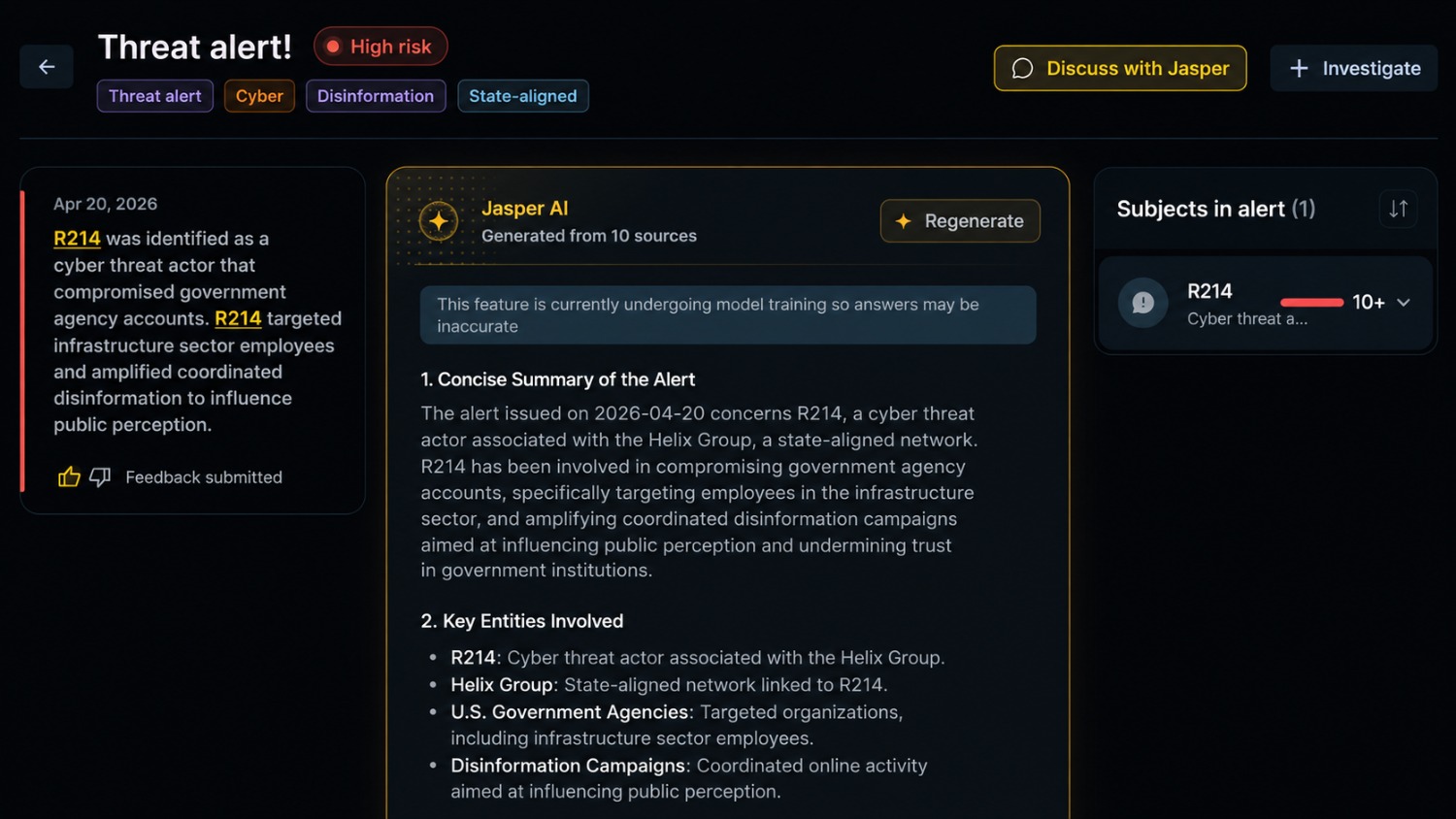 ARX threat alert marked high risk, with a Jasper AI summary generated from ten sources, a model-training notice, and the subject in the alert