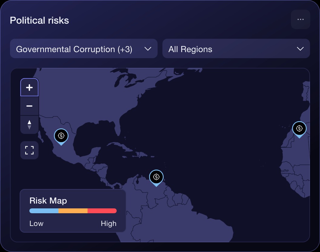 ORION political risks panel with a filter for governmental corruption, a regional selector and a risk map with graded low to high scoring
