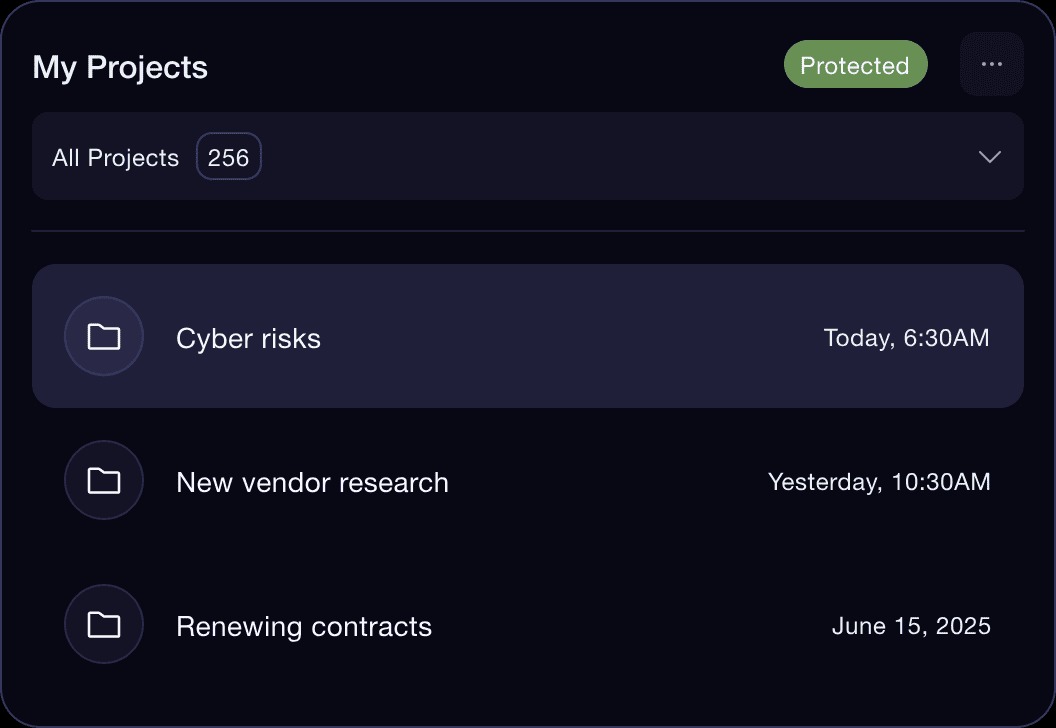 ORION project list marked protected, showing separate projects for cyber risks, new vendor research and renewing contracts